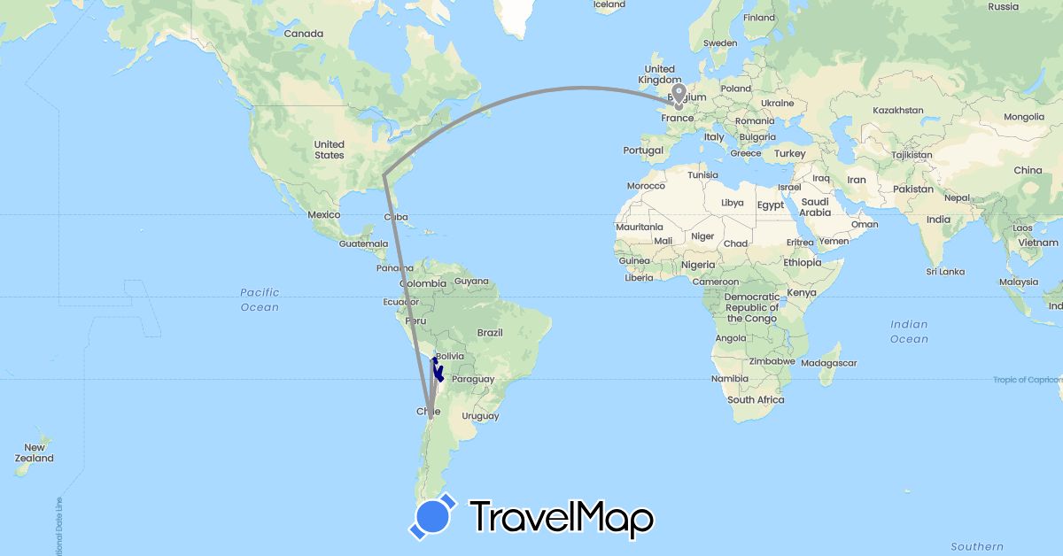 TravelMap itinerary: driving, plane in Bolivia, Chile, France, United States (Europe, North America, South America)